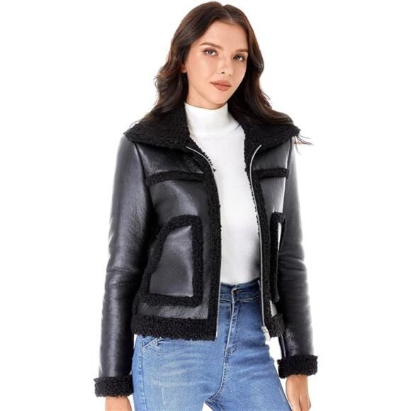Jackets & Blazers - Black Sherpa Fur Trim Faux Shearing Fur Winter Coat Faux Leather Bomber Jacket